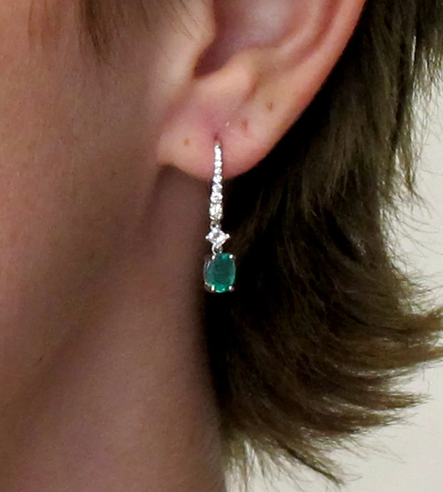 Faceted Emerald Oval and Diamond Line, White Gold Elongated Drop Earrings
