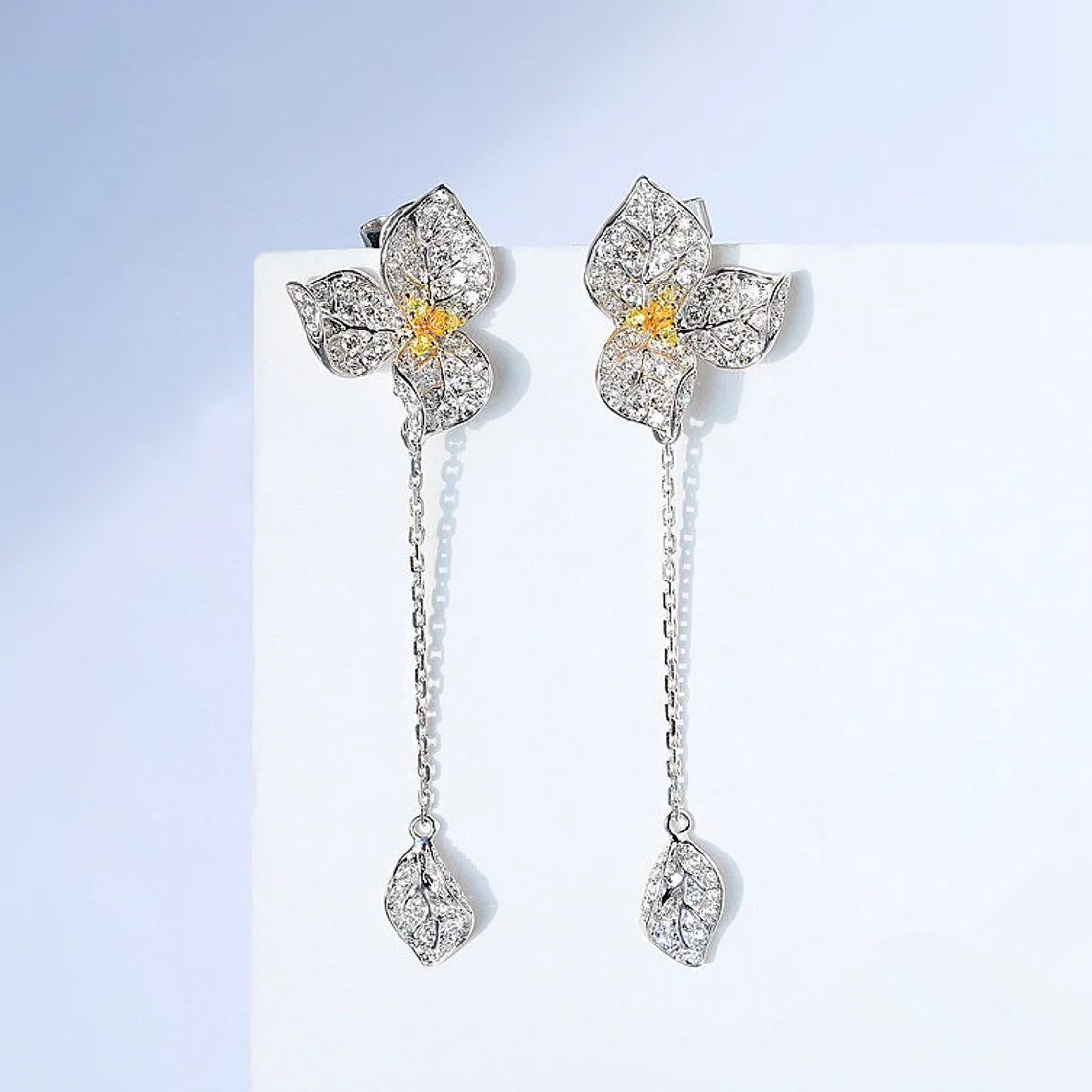 Fancy Yellow Diamond Orchid Flower Dangle Earrings