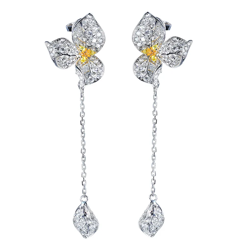 Fancy Yellow Diamond Orchid Flower Dangle Earrings