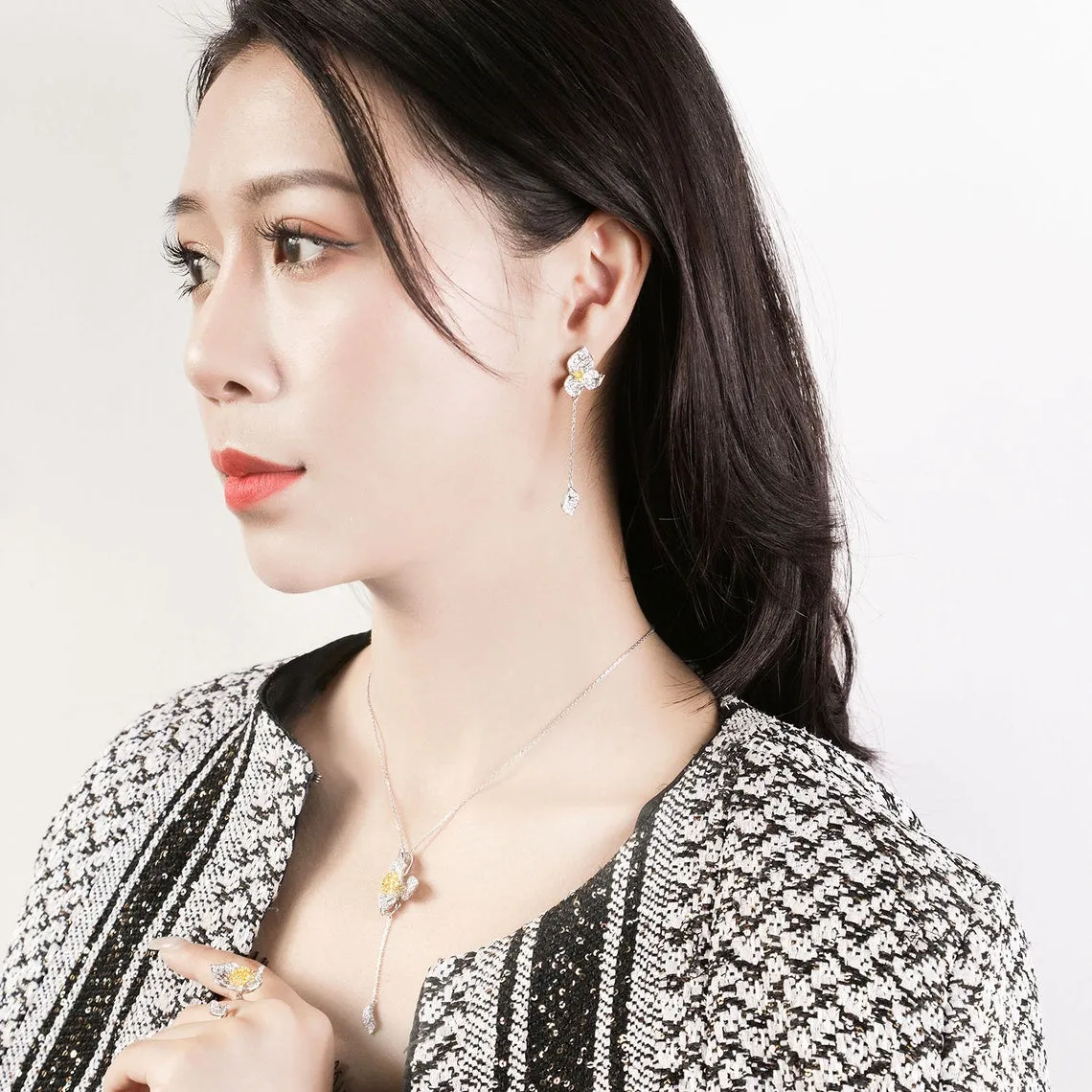 Fancy Yellow Diamond Orchid Flower Dangle Earrings