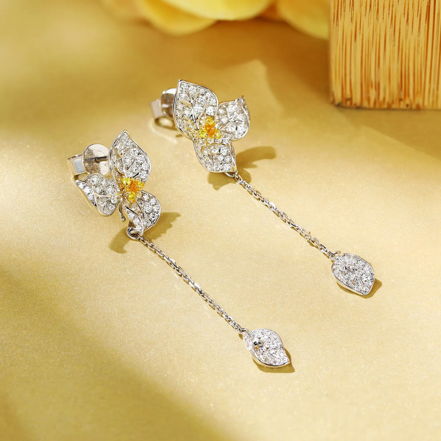 Fancy Yellow Diamond Orchid Flower Dangle Earrings
