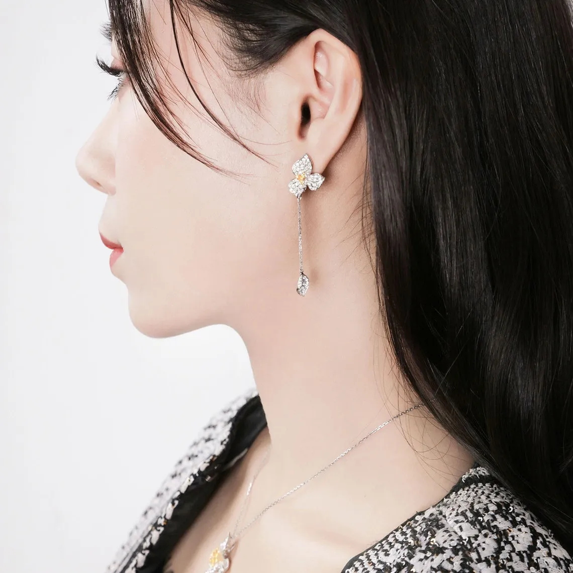 Fancy Yellow Diamond Orchid Flower Dangle Earrings