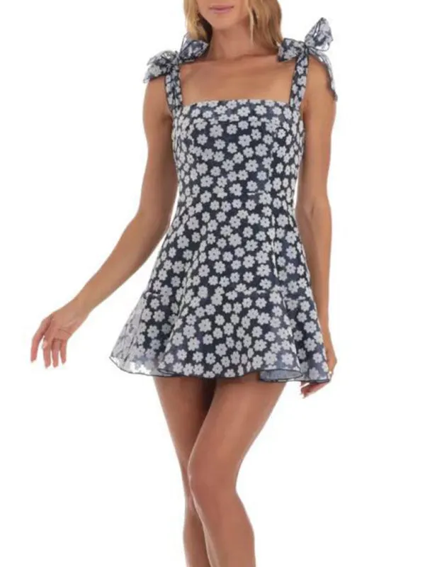 Floral Mesh Mini Dress with Bow Tie Shoulder Straps