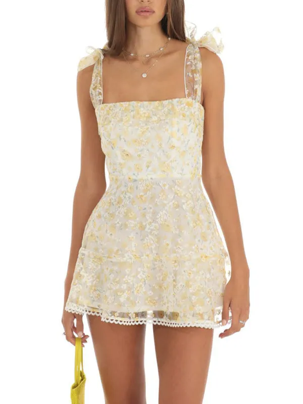 Floral Mesh Mini Dress with Bow Tie Shoulder Straps
