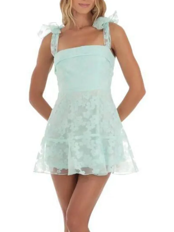 Floral Mesh Mini Dress with Bow Tie Shoulder Straps