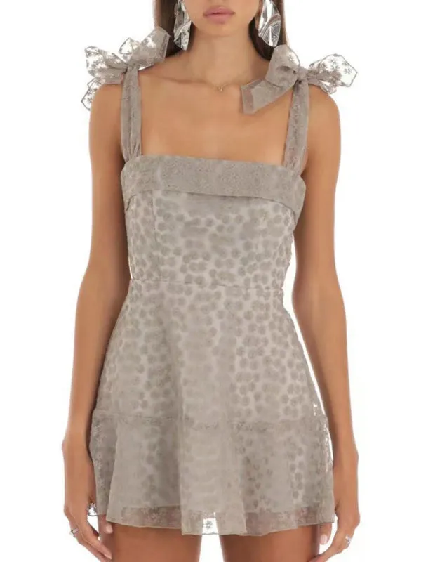 Floral Mesh Mini Dress with Bow Tie Shoulder Straps