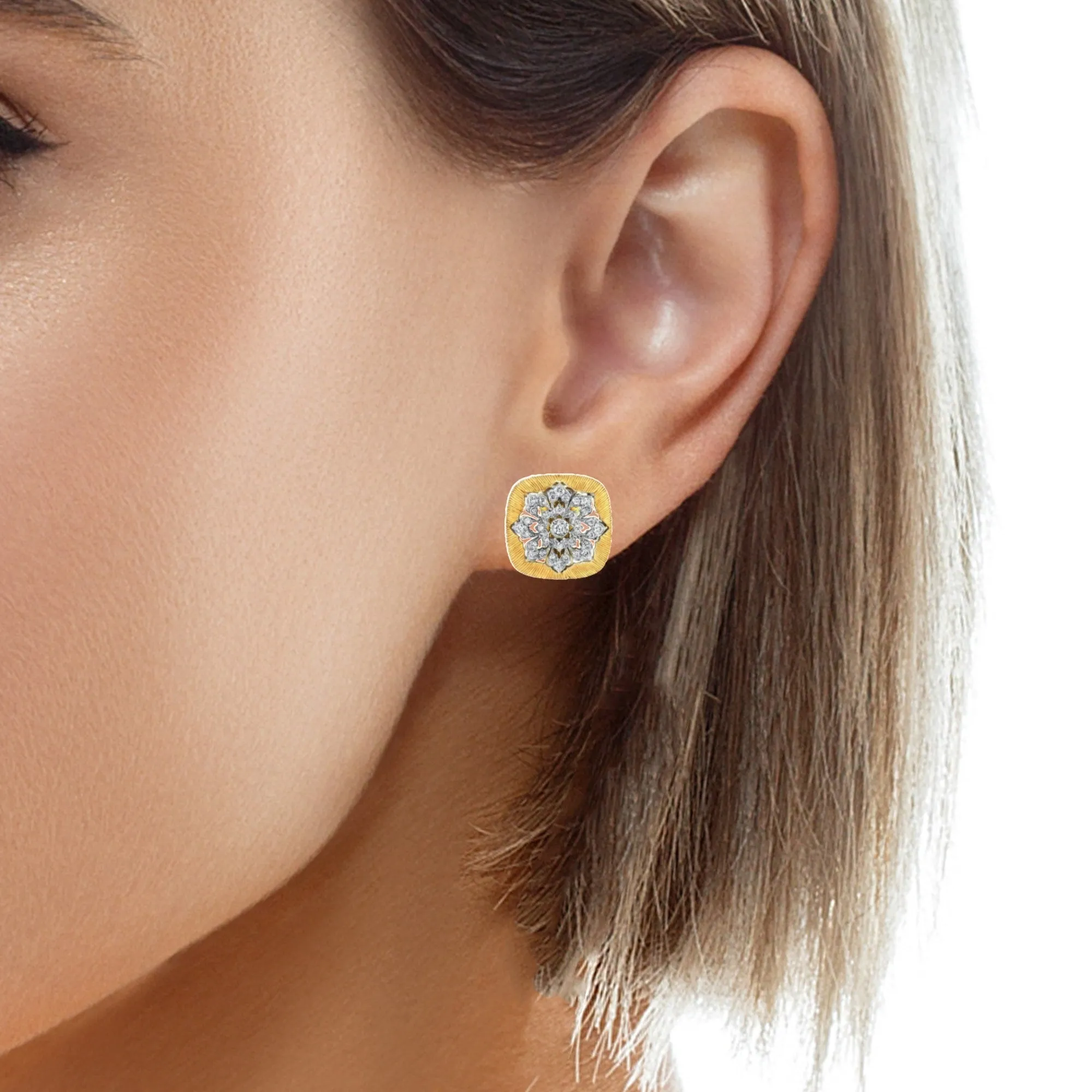 Florentine Diamond French Clip Earrings in 18k Yellow and White Gold
