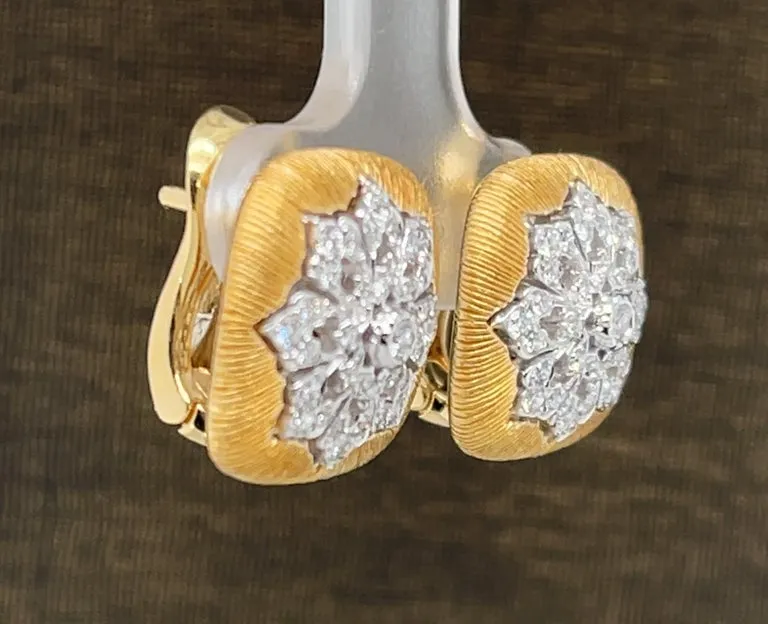 Florentine Diamond French Clip Earrings in 18k Yellow and White Gold