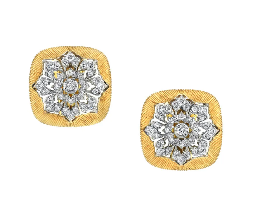 Florentine Diamond French Clip Earrings in 18k Yellow and White Gold