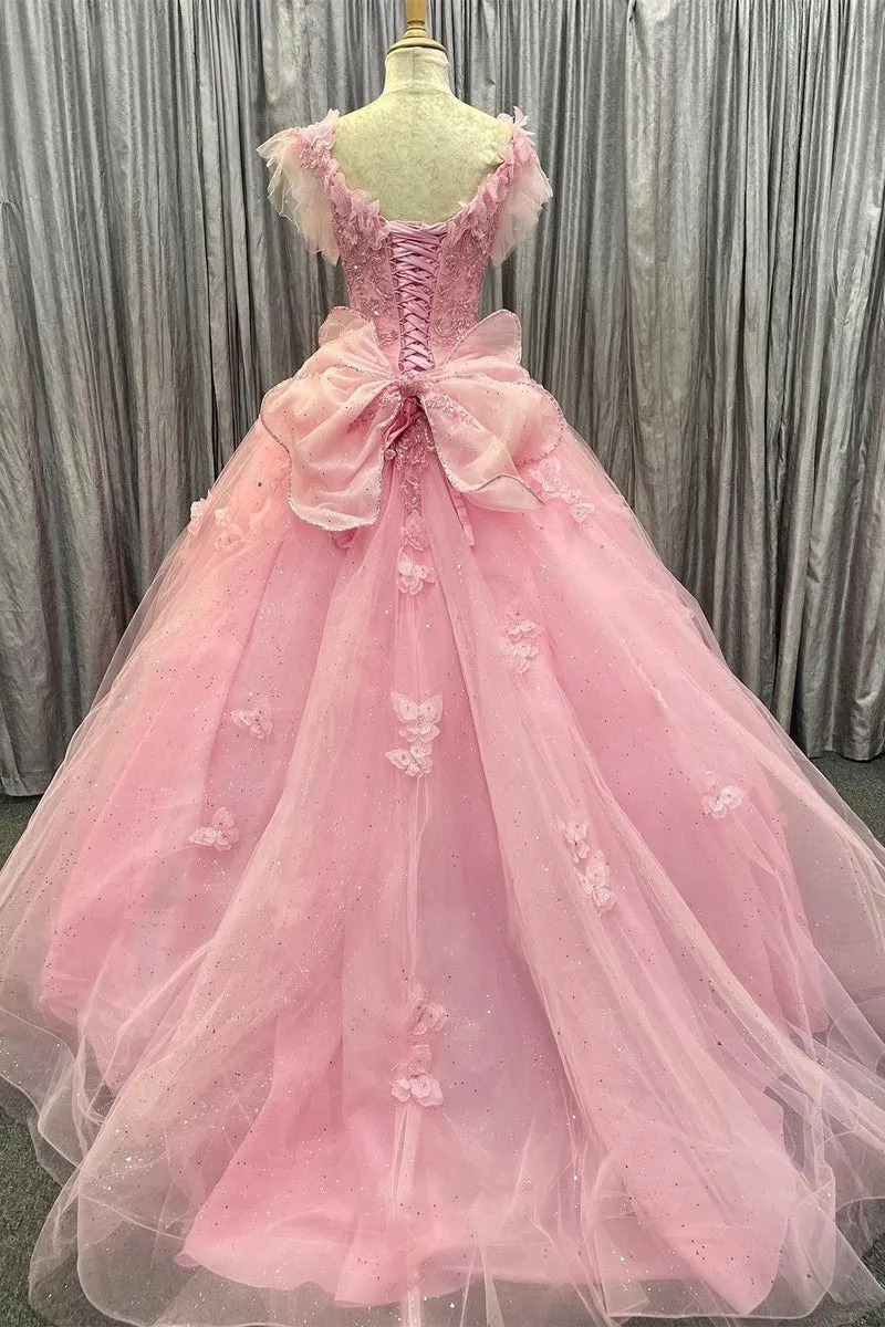 Flutter Sleeves Pink Tulle Ball Gown with Butterfly Appliques
