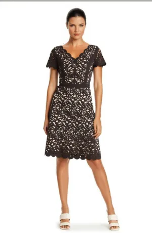 FOCUS by Shani — V-Neck Laser Cut Fit & Flare Dress in Black
