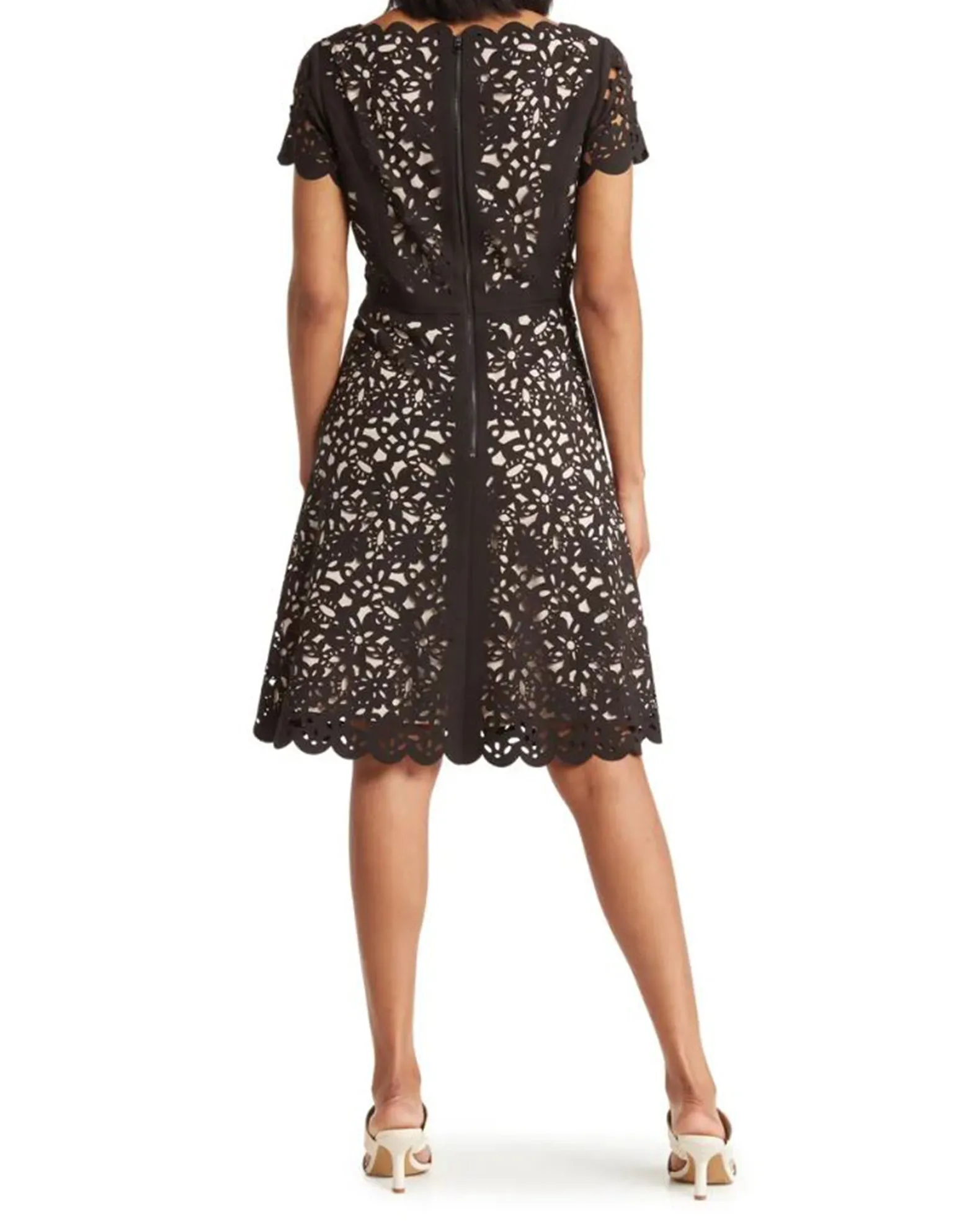 FOCUS by Shani — V-Neck Laser Cut Fit & Flare Dress in Pale Blue