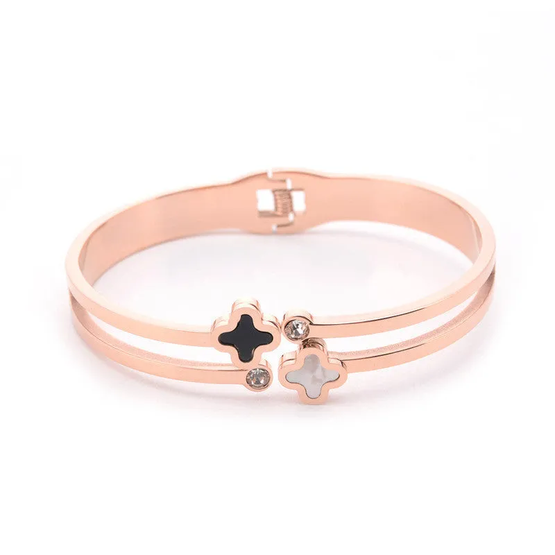 Four leaf clover Gold Plated Stainless Steel zircon bracelet Bangle for women