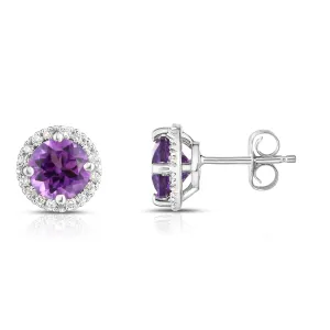 Gemstone & 0.17Ct Diamond Halo Stud Earrings Special in 14K White Gold