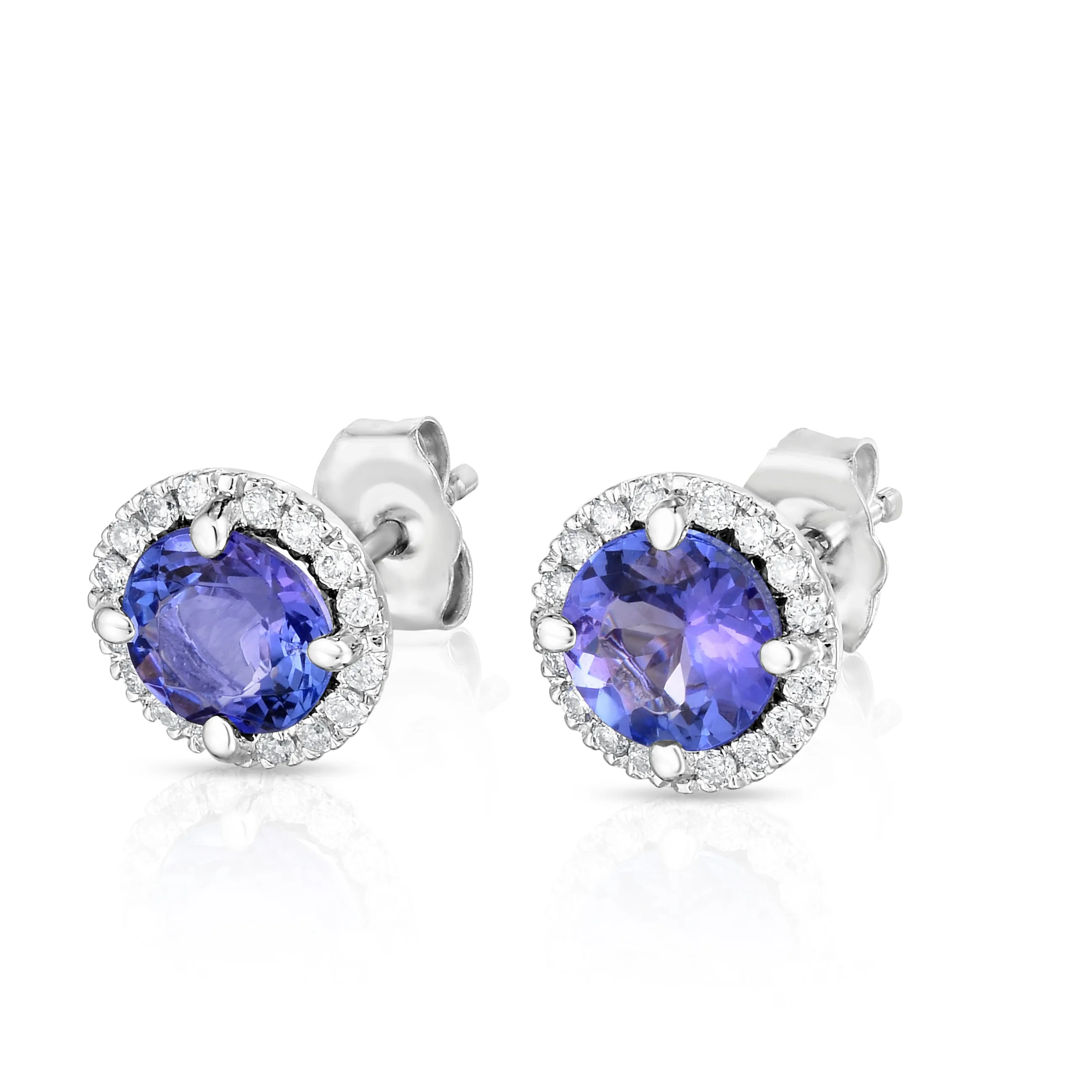 Gemstone & 0.17Ct Diamond Halo Stud Earrings Special in 14K White Gold