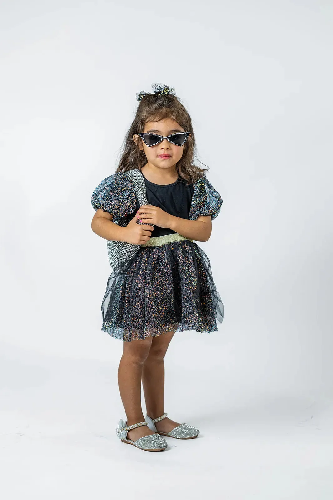 Girls' Sparkling Black Puff Sleeve Tee & Skirt Set - Trendy Holiday Party Outfit