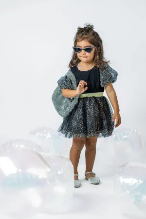 Girls' Sparkling Black Puff Sleeve Tee & Skirt Set - Trendy Holiday Party Outfit
