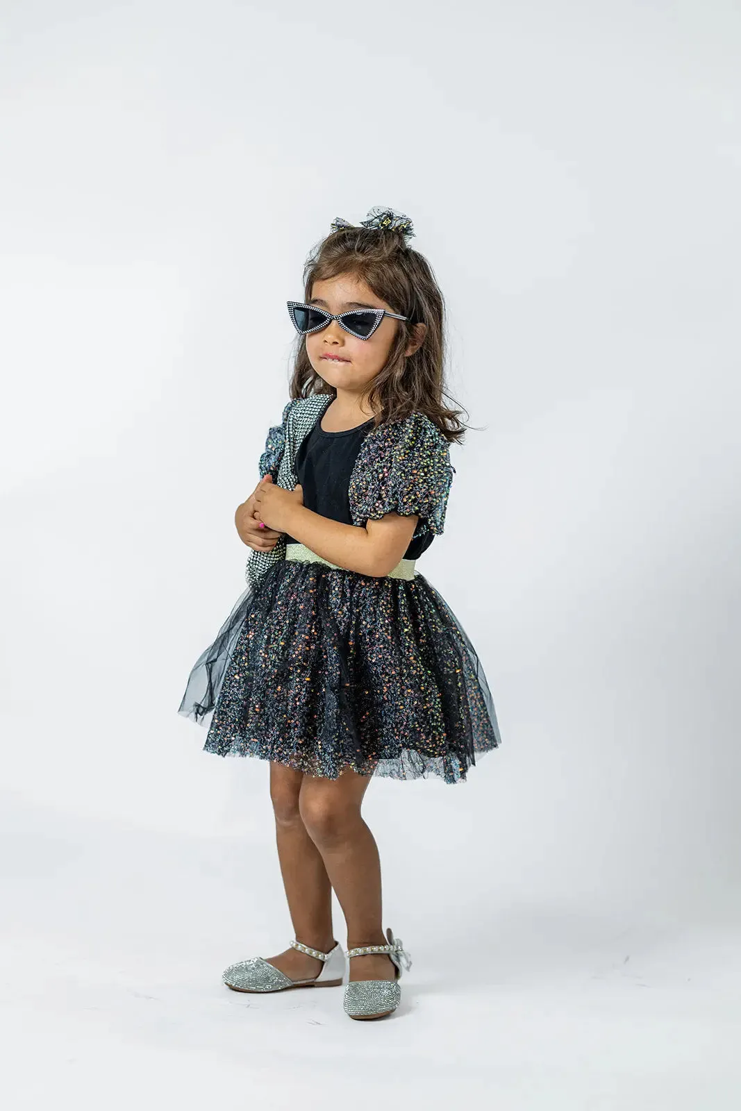 Girls' Sparkling Black Puff Sleeve Tee & Skirt Set - Trendy Holiday Party Outfit