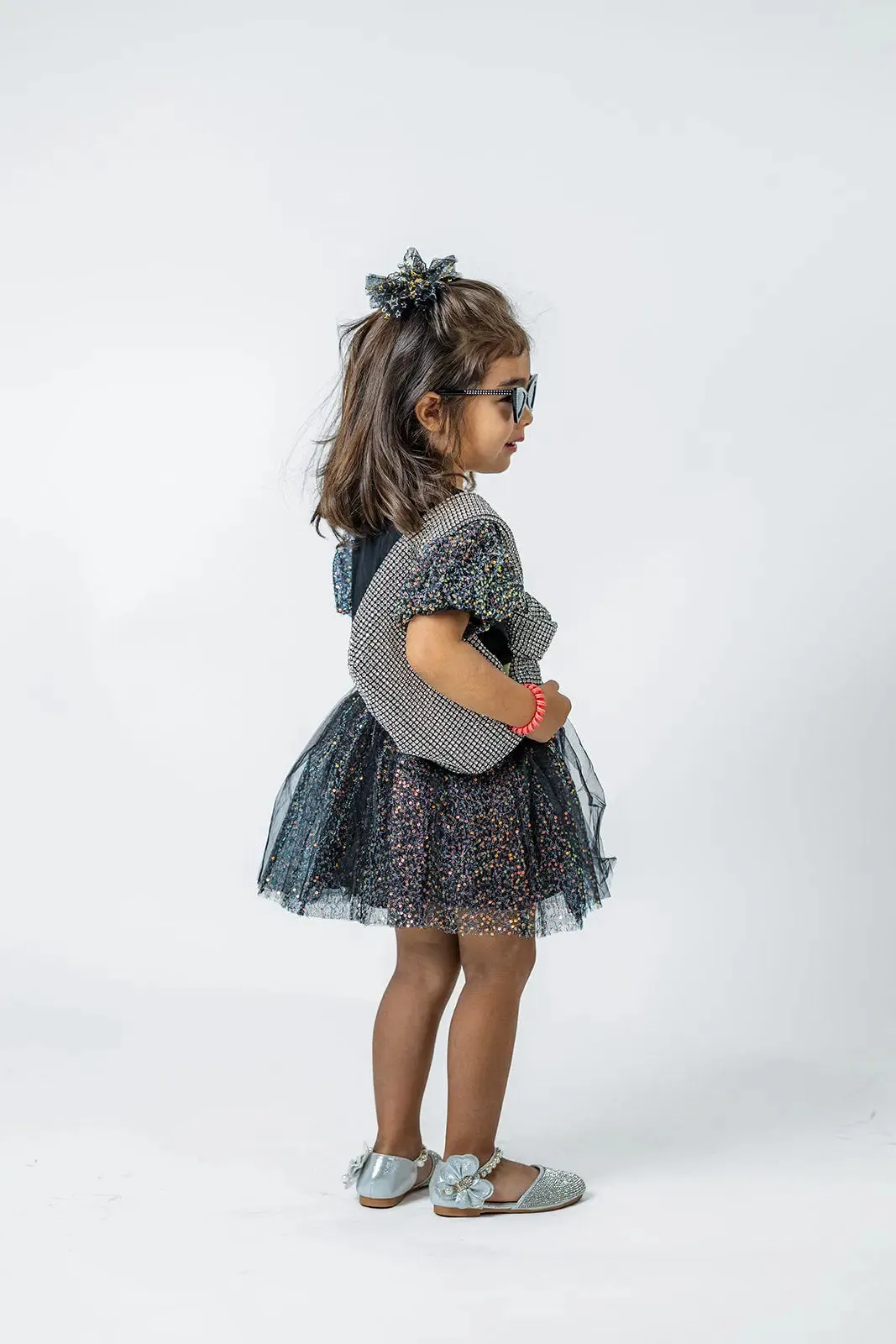 Girls' Sparkling Black Puff Sleeve Tee & Skirt Set - Trendy Holiday Party Outfit