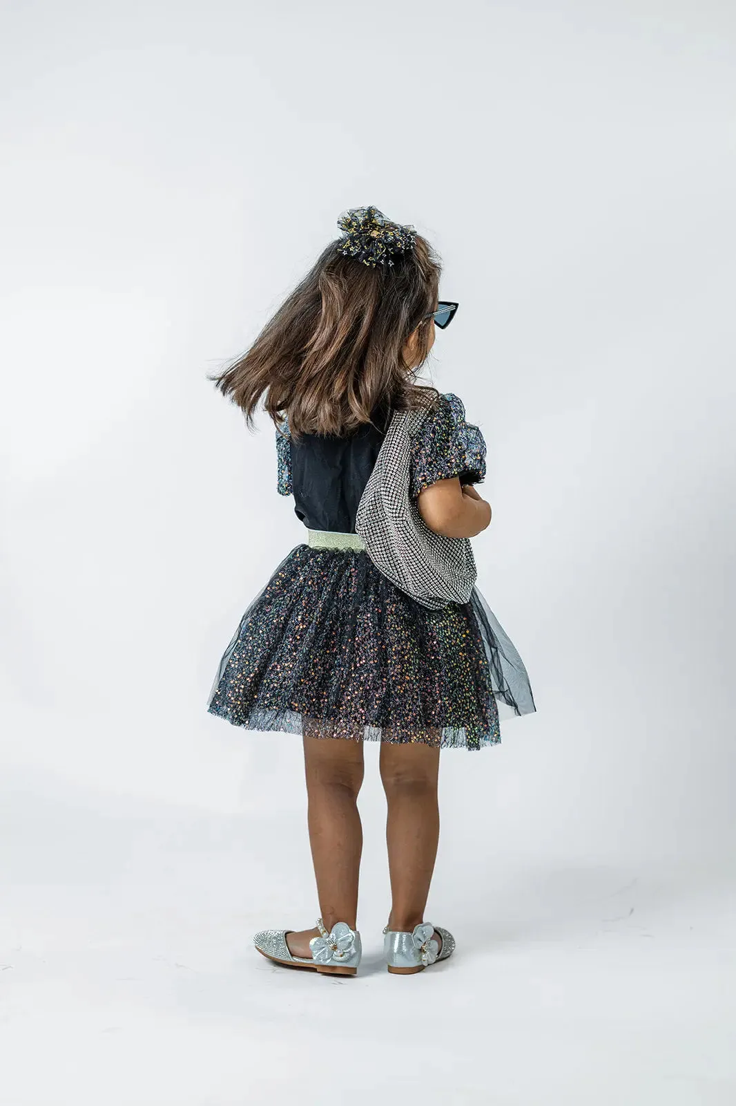 Girls' Sparkling Black Puff Sleeve Tee & Skirt Set - Trendy Holiday Party Outfit