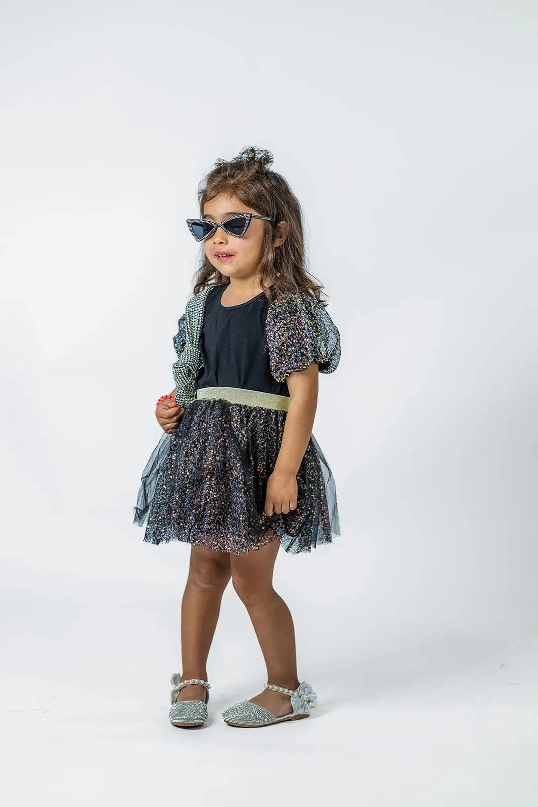 Girls' Sparkling Black Puff Sleeve Tee & Skirt Set - Trendy Holiday Party Outfit