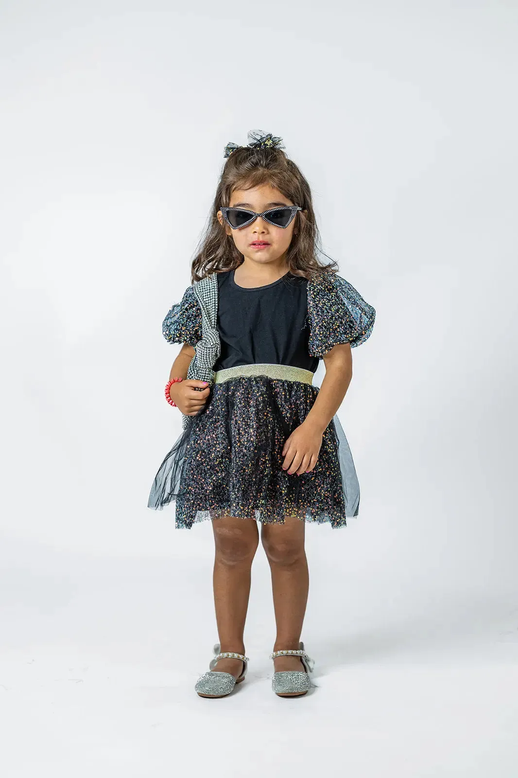 Girls' Sparkling Black Puff Sleeve Tee & Skirt Set - Trendy Holiday Party Outfit
