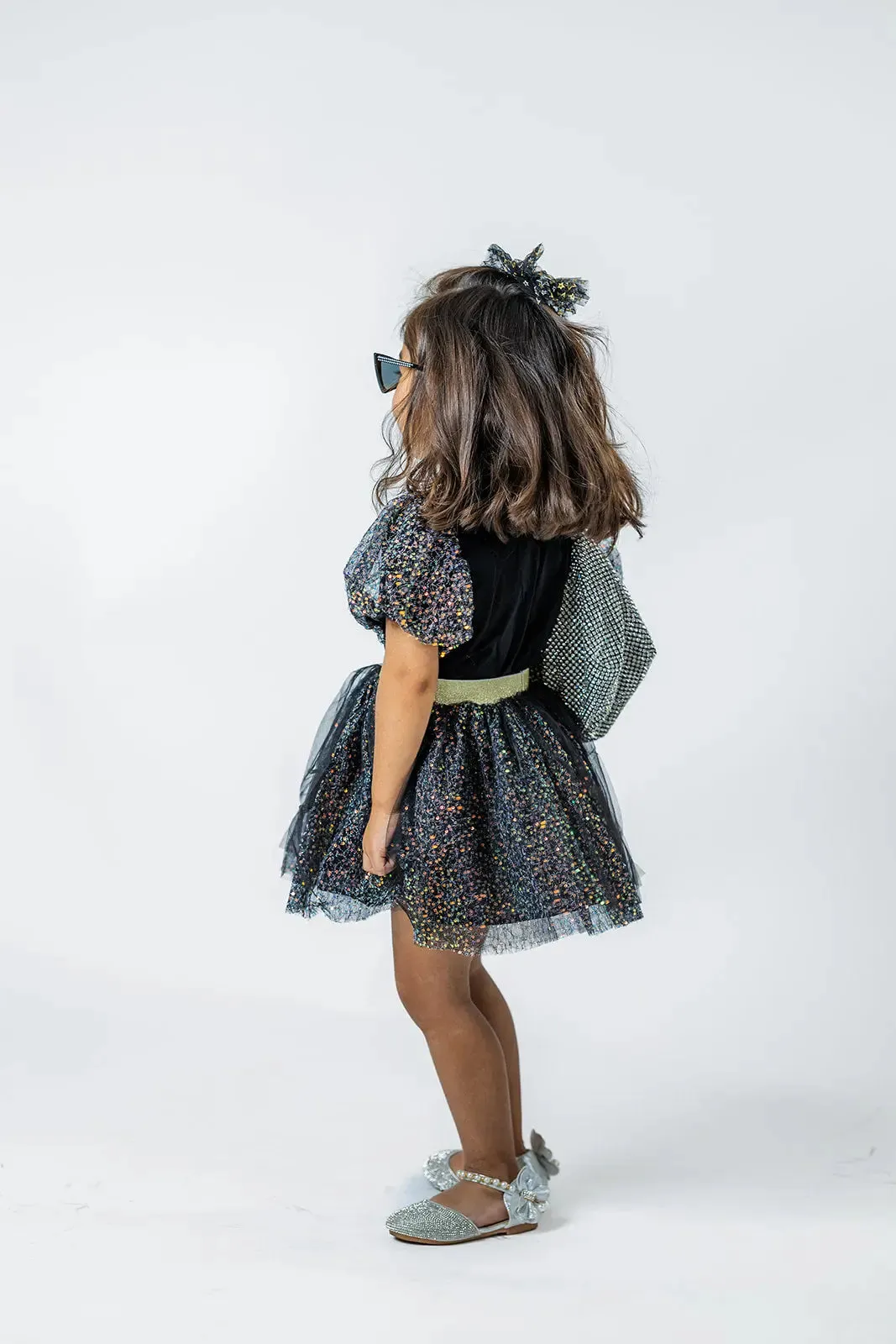 Girls' Sparkling Black Puff Sleeve Tee & Skirt Set - Trendy Holiday Party Outfit
