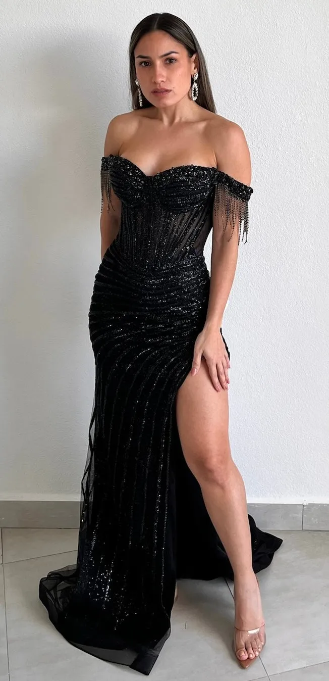 Glamorous Entrance Black Rhinestones Off Shoulder Gown