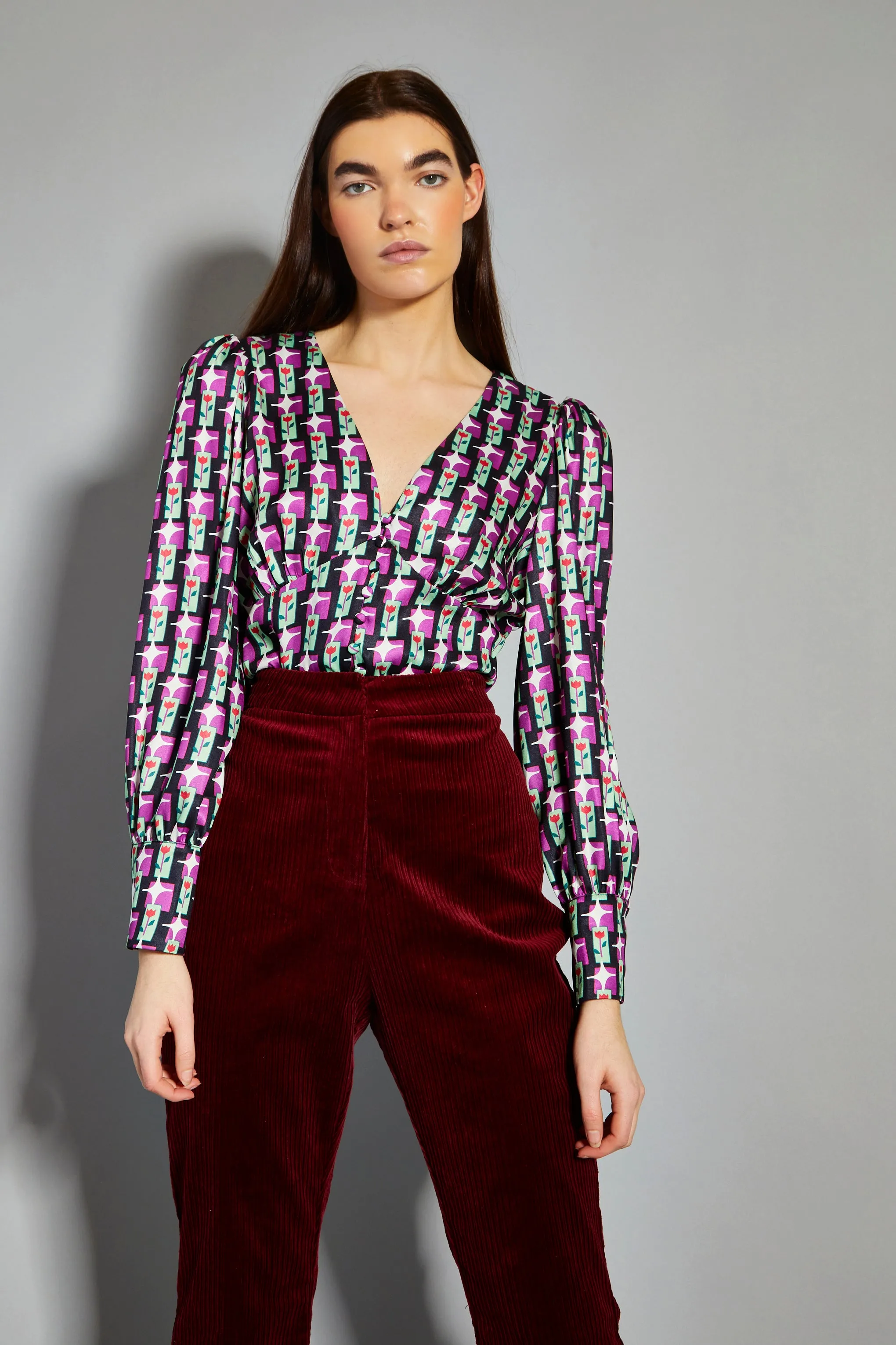 Glamorous Tulip Multi Geo Print V-Neck Button Front Blouse