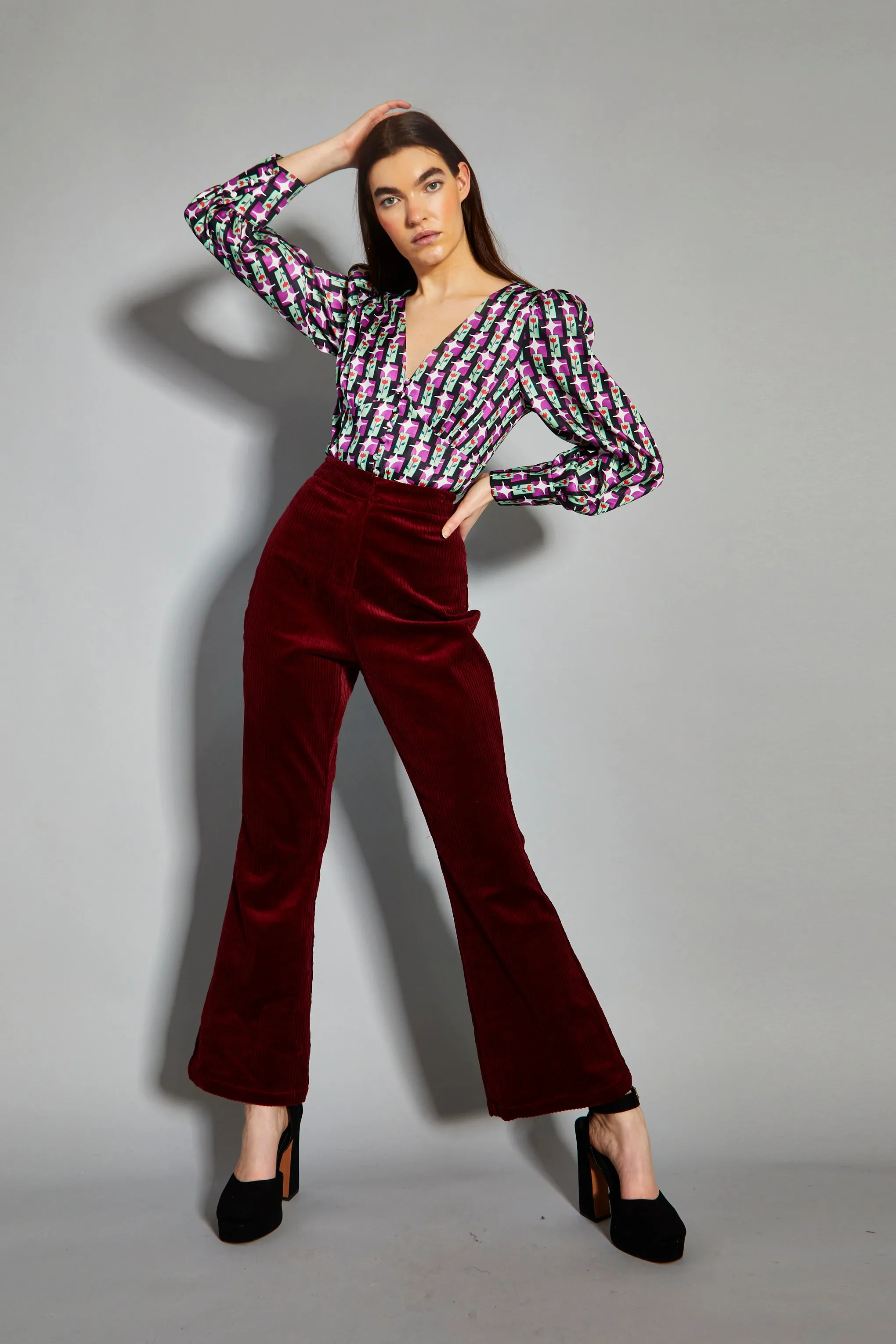 Glamorous Tulip Multi Geo Print V-Neck Button Front Blouse