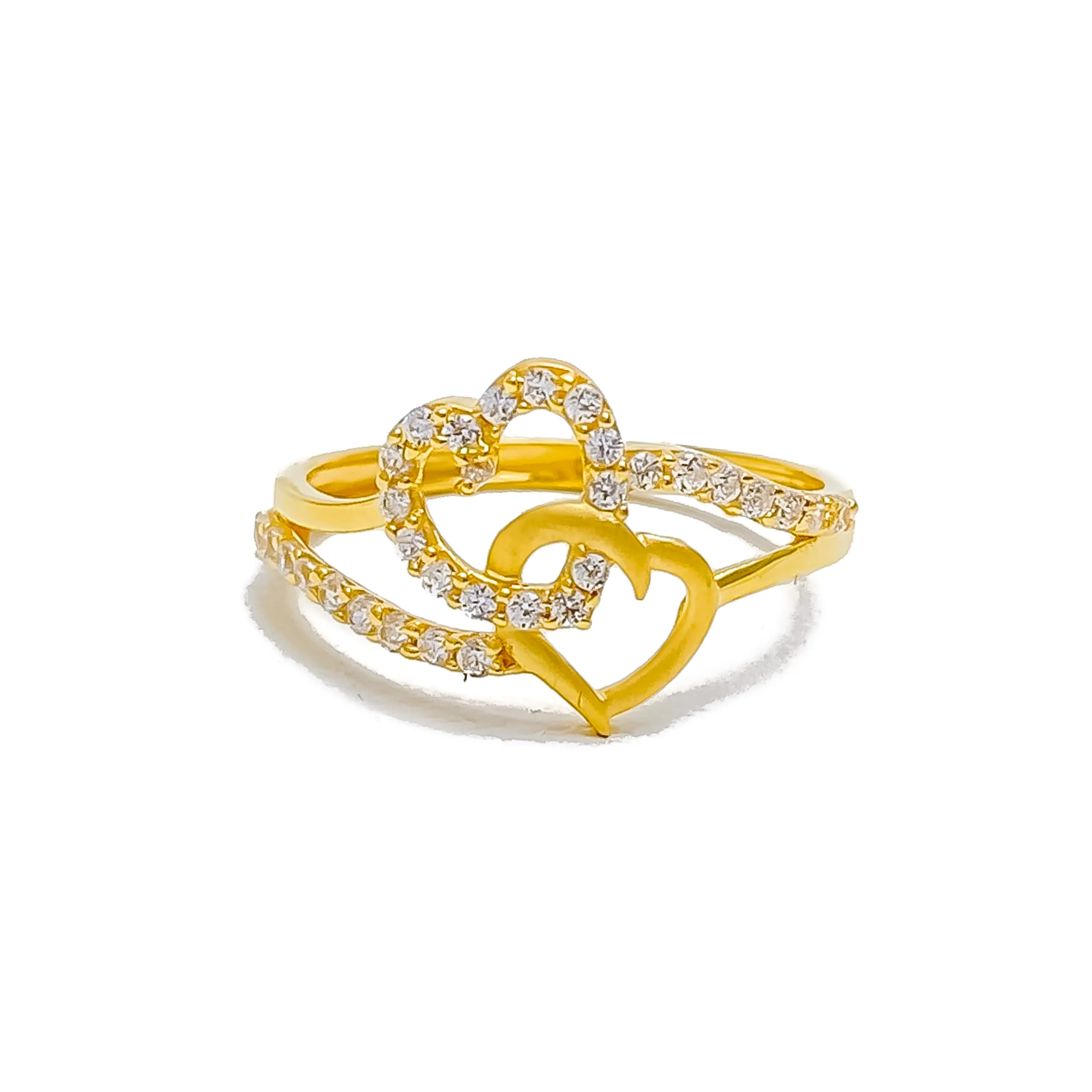 Glistening Delicate Dual Heart 22k Gold CZ Ring