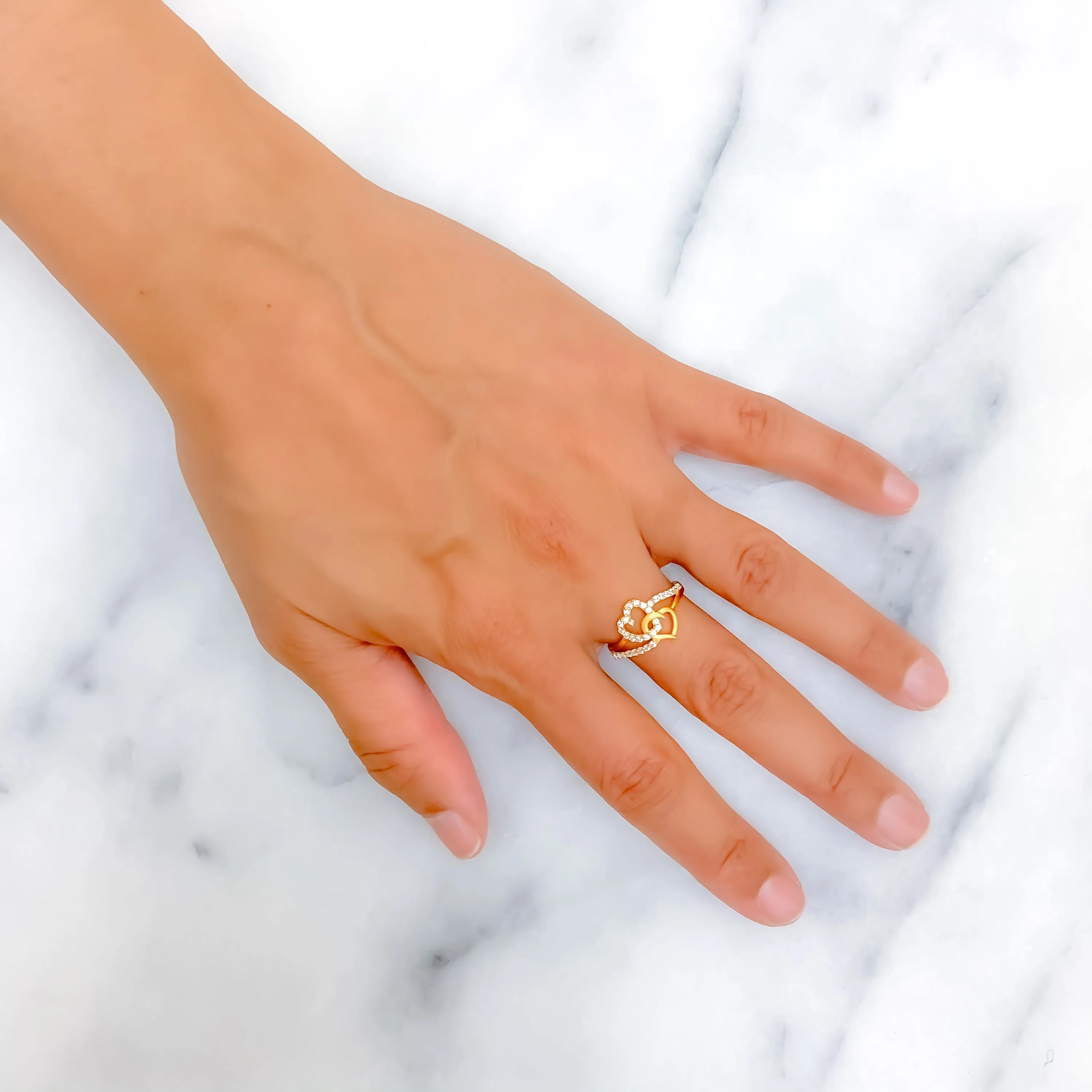 Glistening Delicate Dual Heart 22k Gold CZ Ring