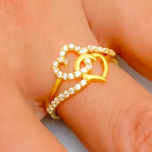 Glistening Delicate Dual Heart 22k Gold CZ Ring