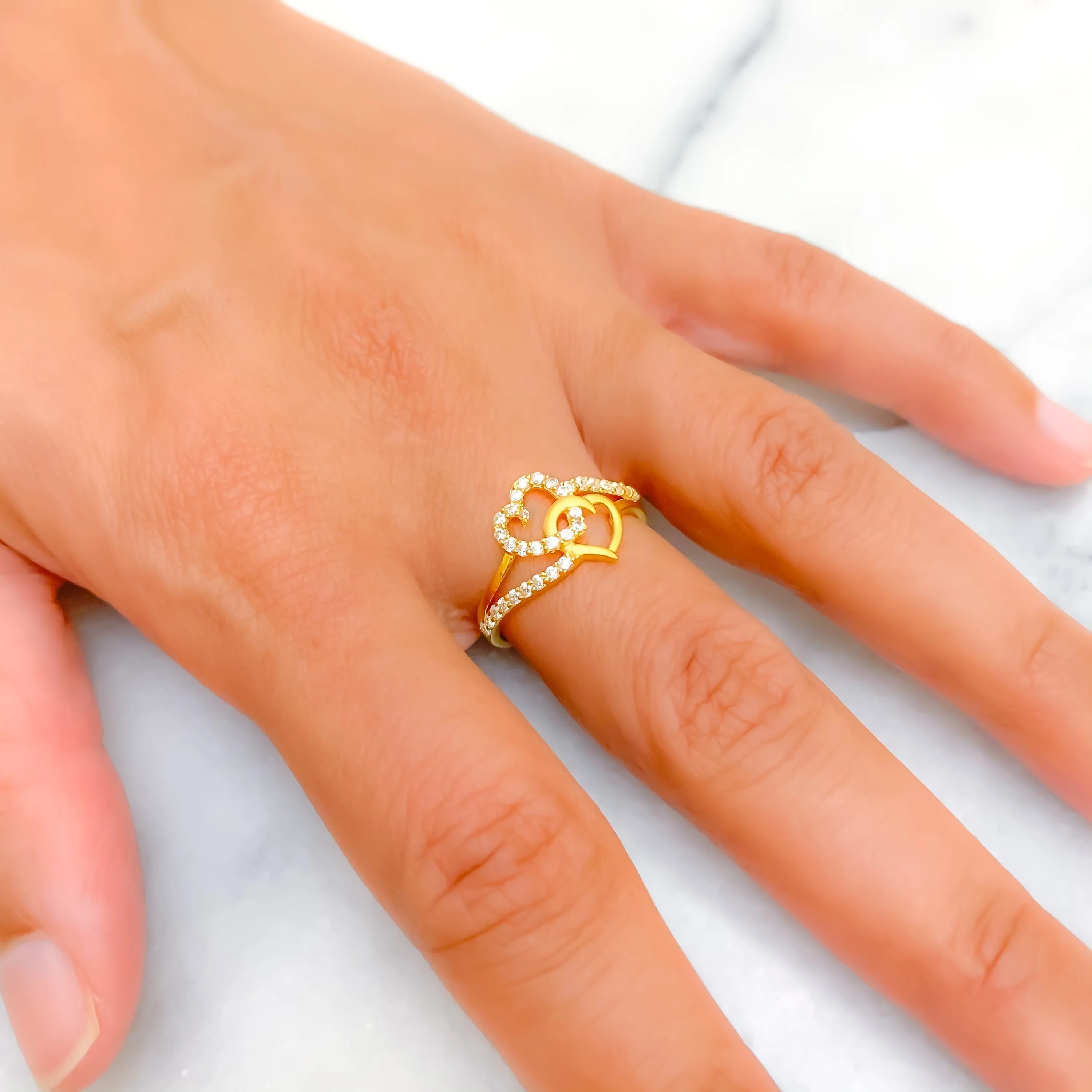 Glistening Delicate Dual Heart 22k Gold CZ Ring