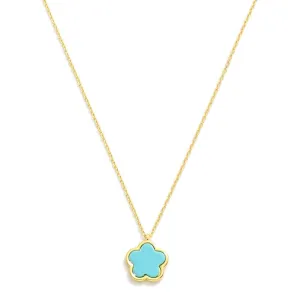 Gold Dipped Dainty Chain Link Necklace Featuring Flower Pendant- Turquoise