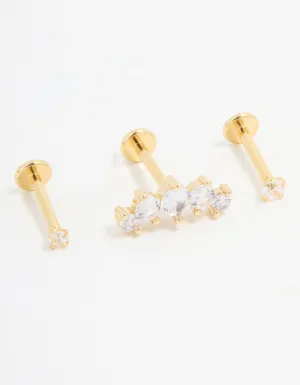 Gold Plated Surgical Steel Round Crawler Flat Back Studs 3-Pack