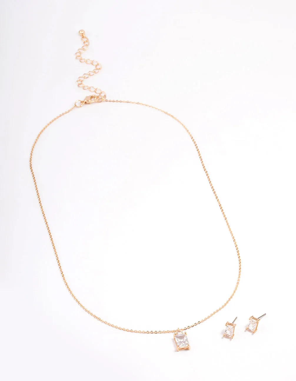 Gold Rectangle Cubic Zirconia Earring & Necklace Set