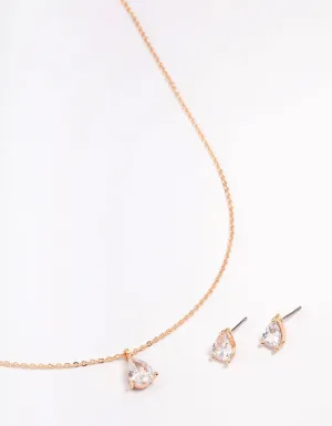 Gold Teardrop Cubic Zirconia Earring & Necklace Set