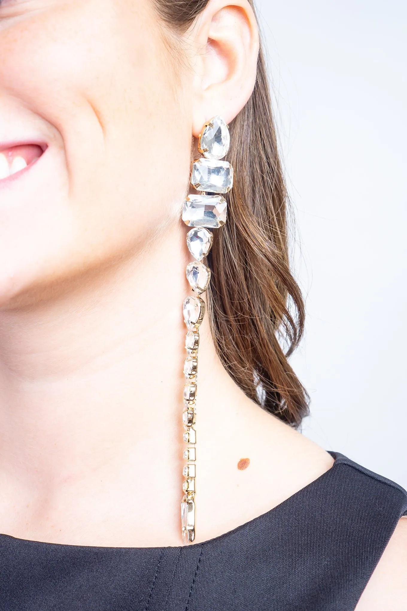 Gold/Clear Big Crystal Linked Drop Earring