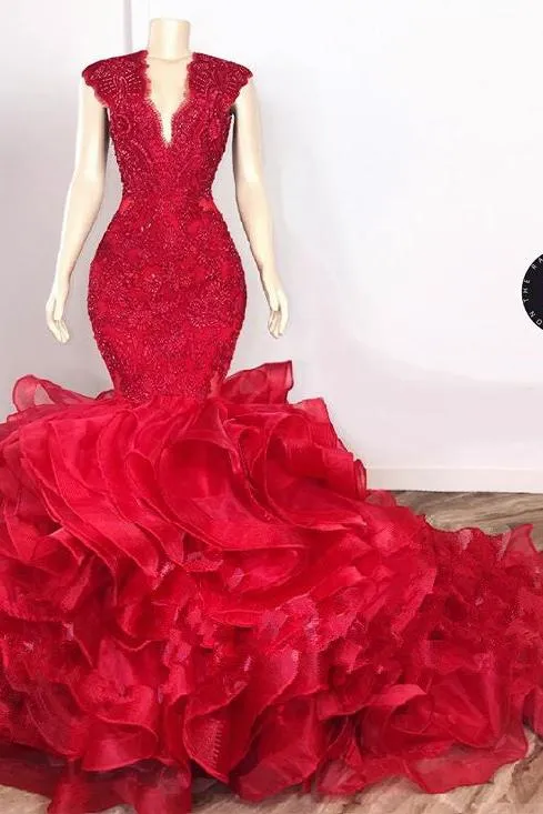 Gorgeous Beads Appliques Red Prom Dresses Ruffles Fit and Flare Alluring Evening Gowns