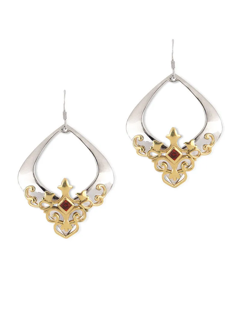 Gorgeous, kite-shape earrings with garnet and gold plated detailing