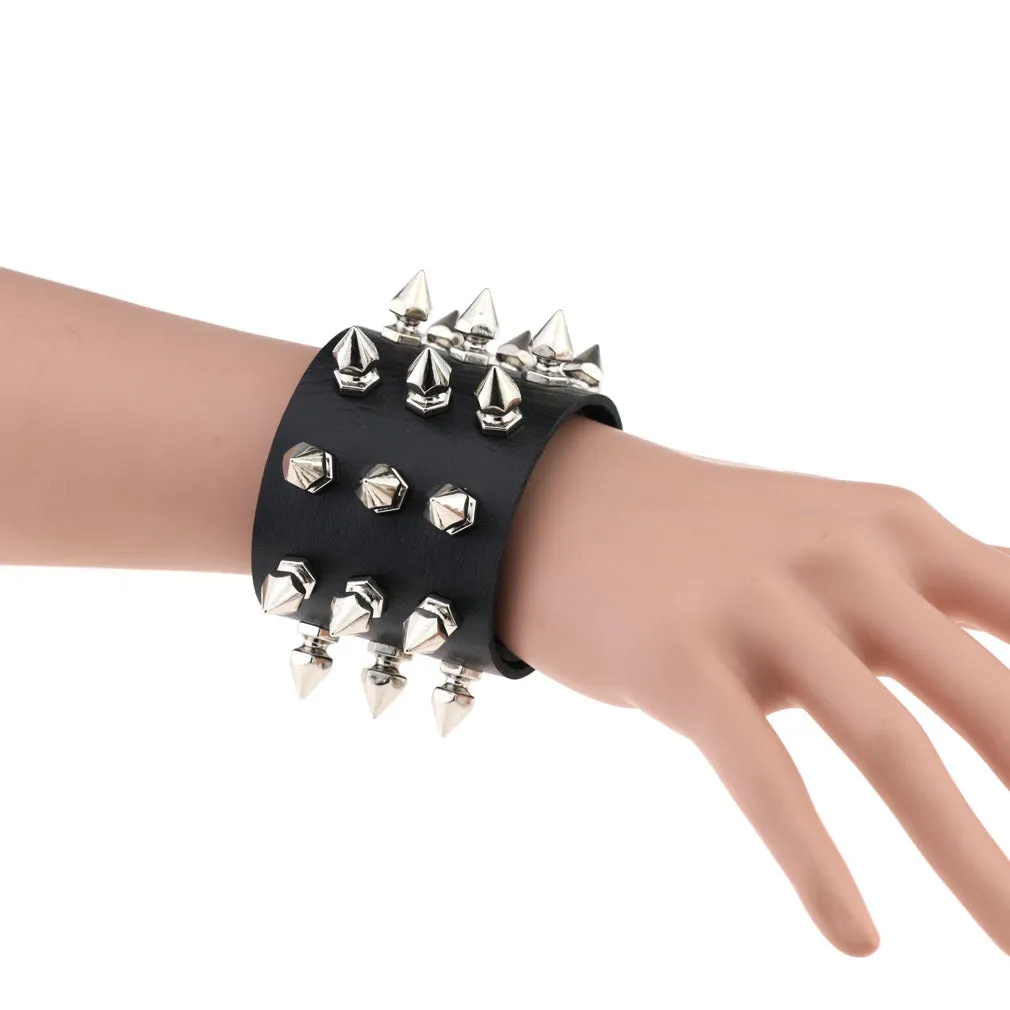 Gothic Delicate Cuspidal Spikes Rivet Leather Bracelets Punk Bracelet for Women Men  black