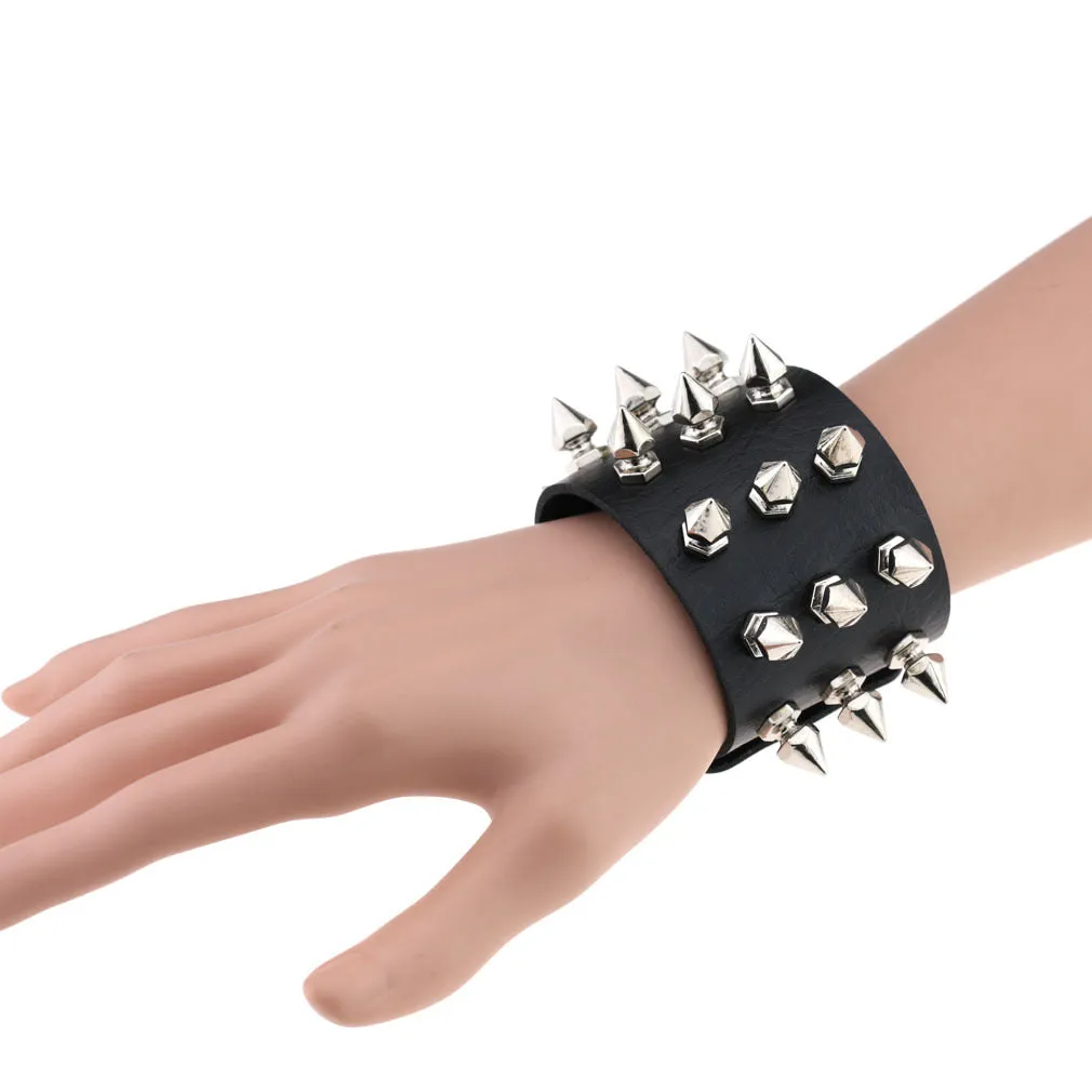 Gothic Delicate Cuspidal Spikes Rivet Leather Bracelets Punk Bracelet for Women Men  black