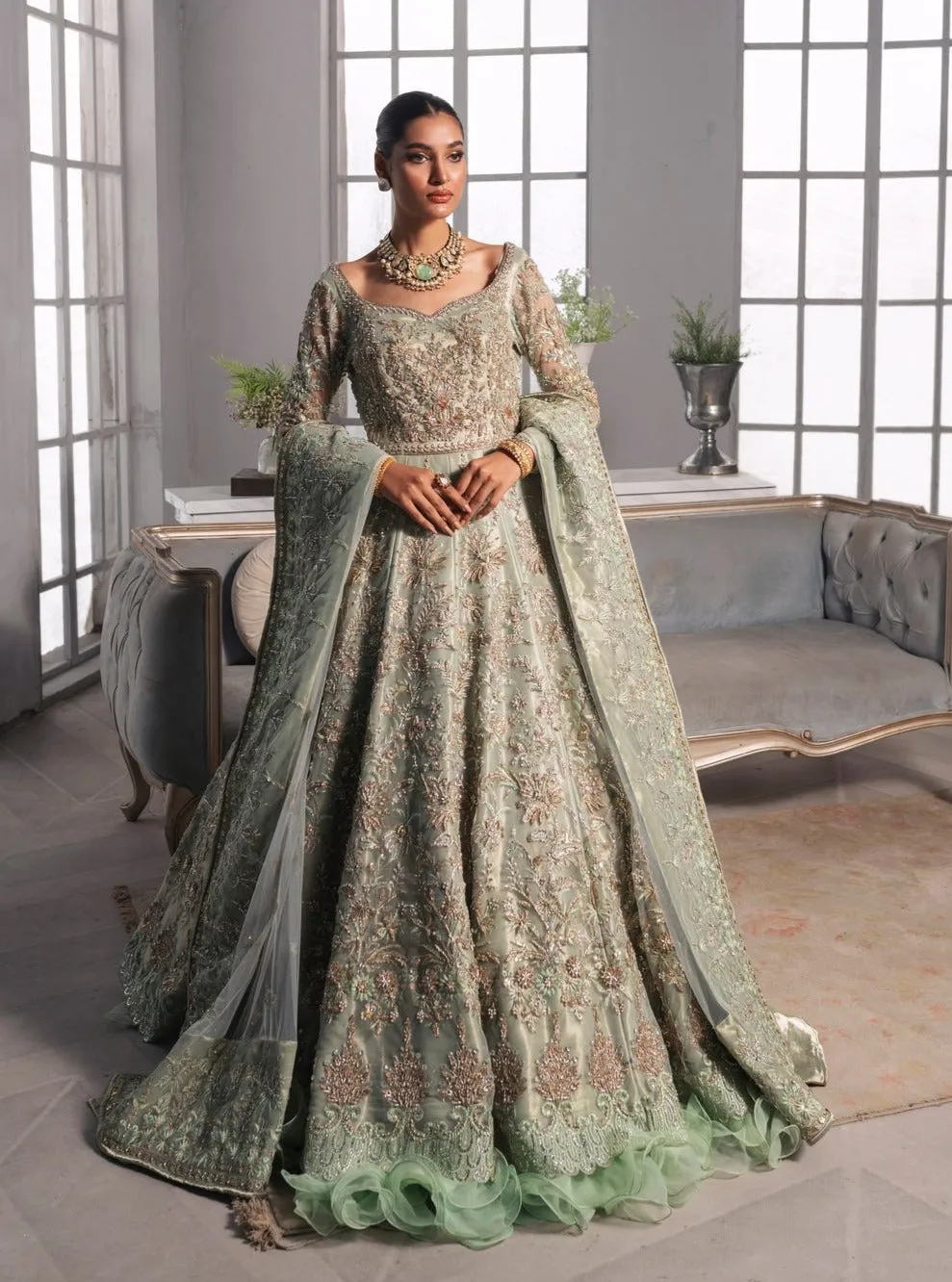 Gown Style Pakistani Bridal Dress in Mint Green Color