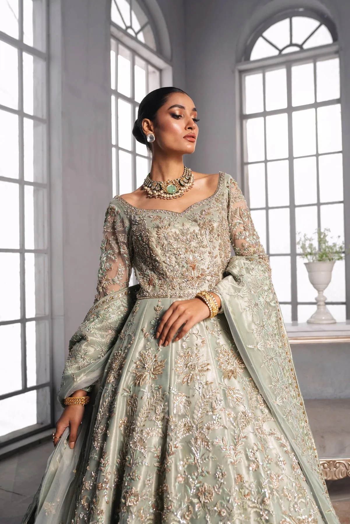Gown Style Pakistani Bridal Dress in Mint Green Color
