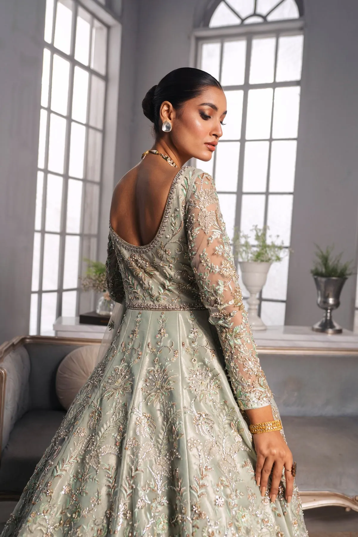 Gown Style Pakistani Bridal Dress in Mint Green Color
