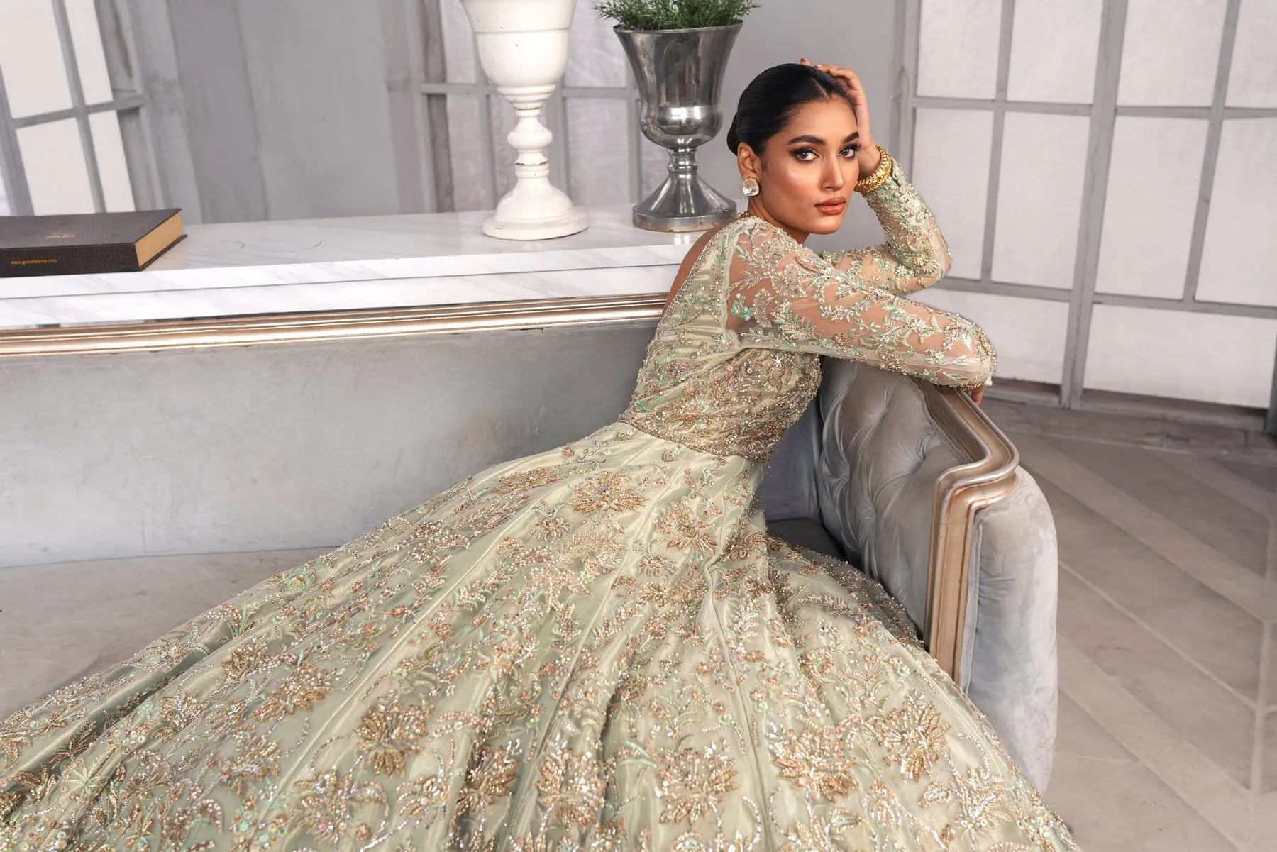Gown Style Pakistani Bridal Dress in Mint Green Color