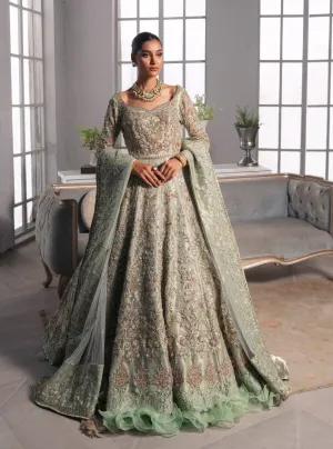 Gown Style Pakistani Bridal Dress in Mint Green Color