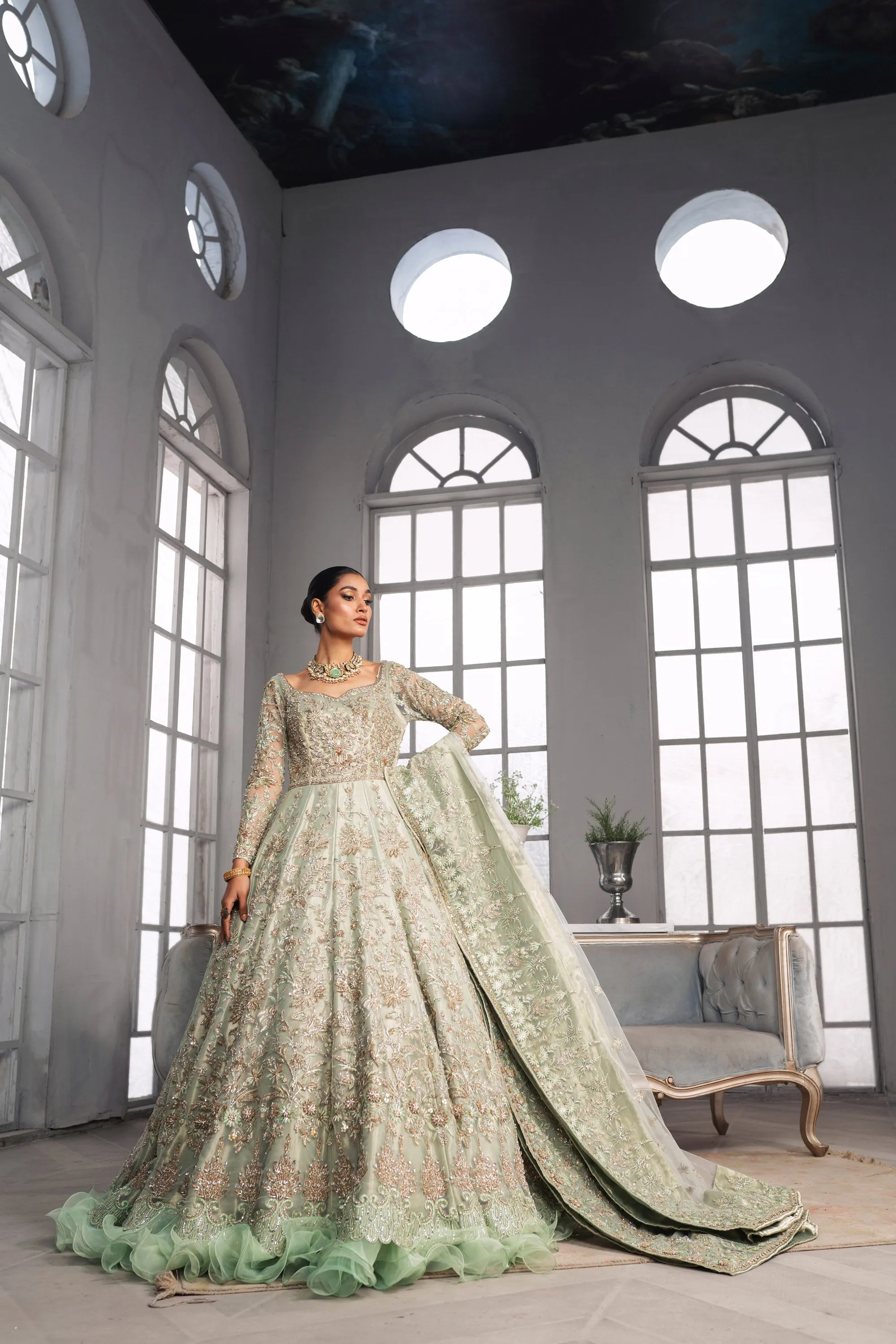 Gown Style Pakistani Bridal Dress in Mint Green Color