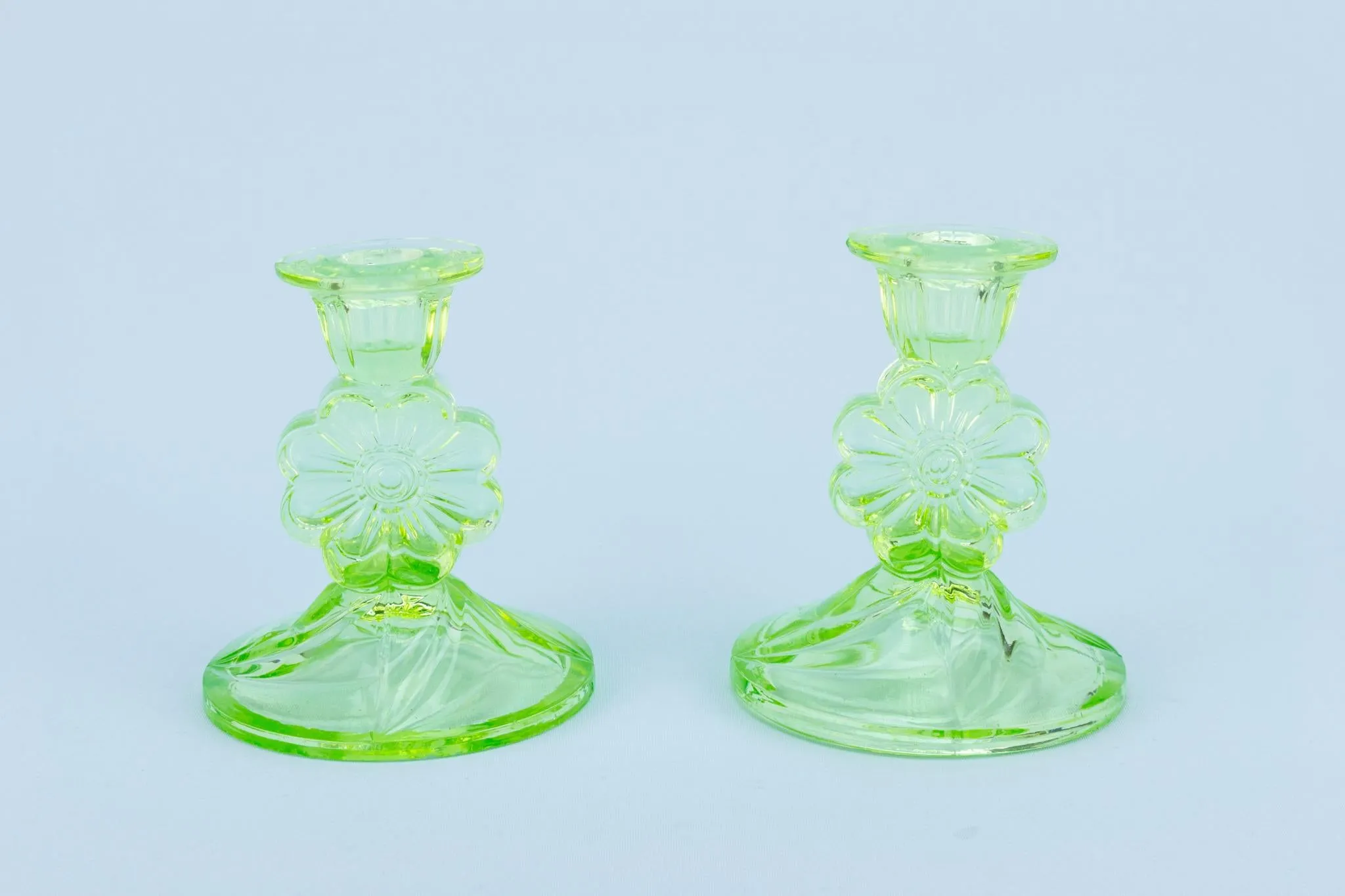 Green Glass Candlesticks, English Art Deco 1920s